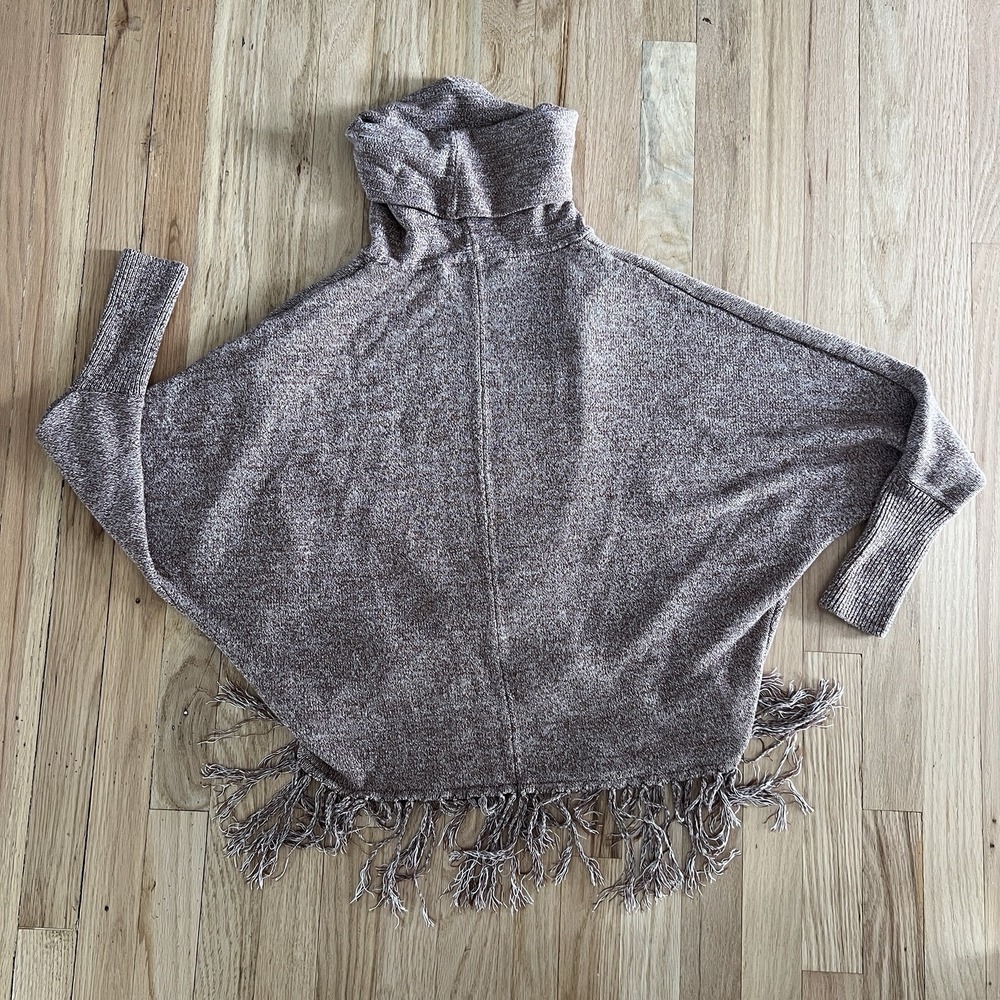 Fringe Poncho Sweater Asymmetrical Turtleneck Boho Knit Brown Womens M - Picture 7 of 7